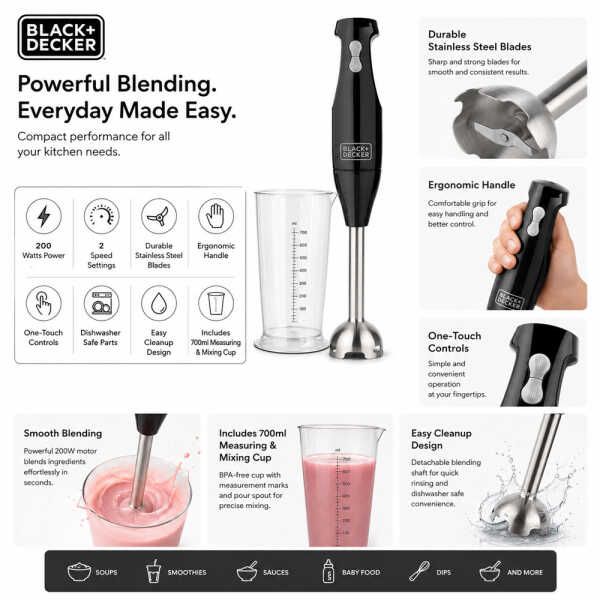 BLACK & DECKER 2 SPEED 200W IMMERSION BLENDER | HB2400B - Image 