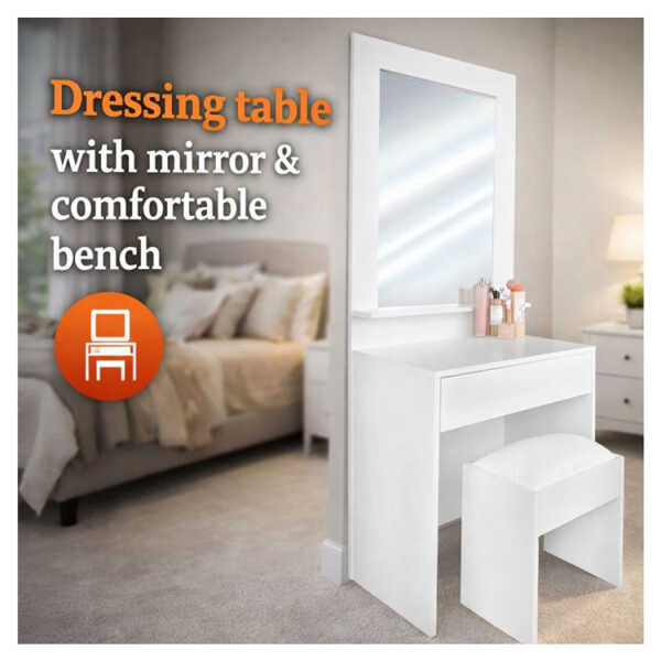 LIFESTYLE WHITE DRESSING TABLE WITH MIRROR & COMFORTABLE BENCH | LS-KT - Image 