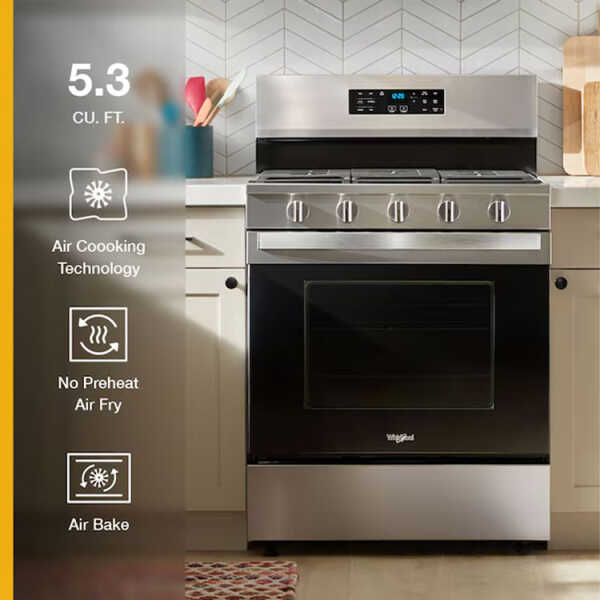 WHIRLPOOL 30" 5-BURNERS W/ AIR FRY CONVECTION OVEN, GASRANGE, FINGERPRINT SS | WFGS5030RZ - Image 