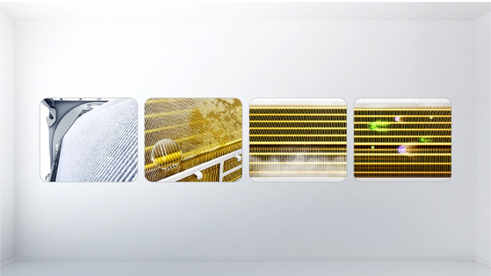  A four-panel image shows the cleaning process of an air conditioner's evaporator coils. From left to right: a clean coil, a dirty coil with dust, the coil during a self-cleaning cycle with water and ice, and a clean, shiny coil after the cycle.