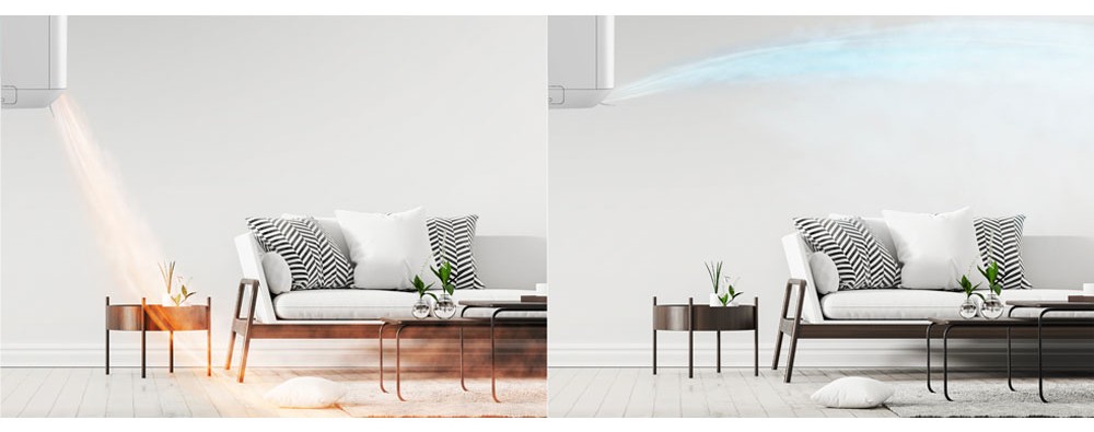 TCL air conditioner heating and cooling, with warm air flowing down and cool air flowing horizontally.