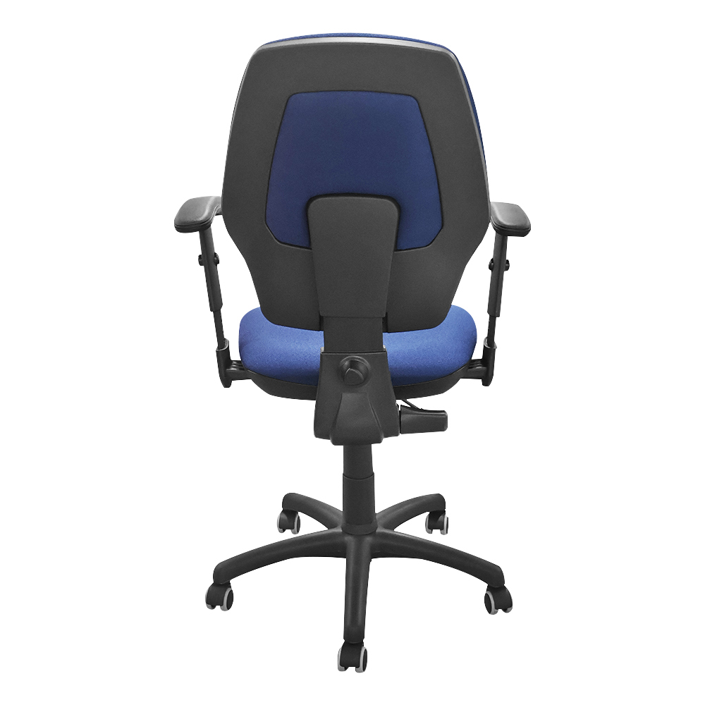 Back view of a blue office chair with black plastic back, armrests, and a wheeled base.