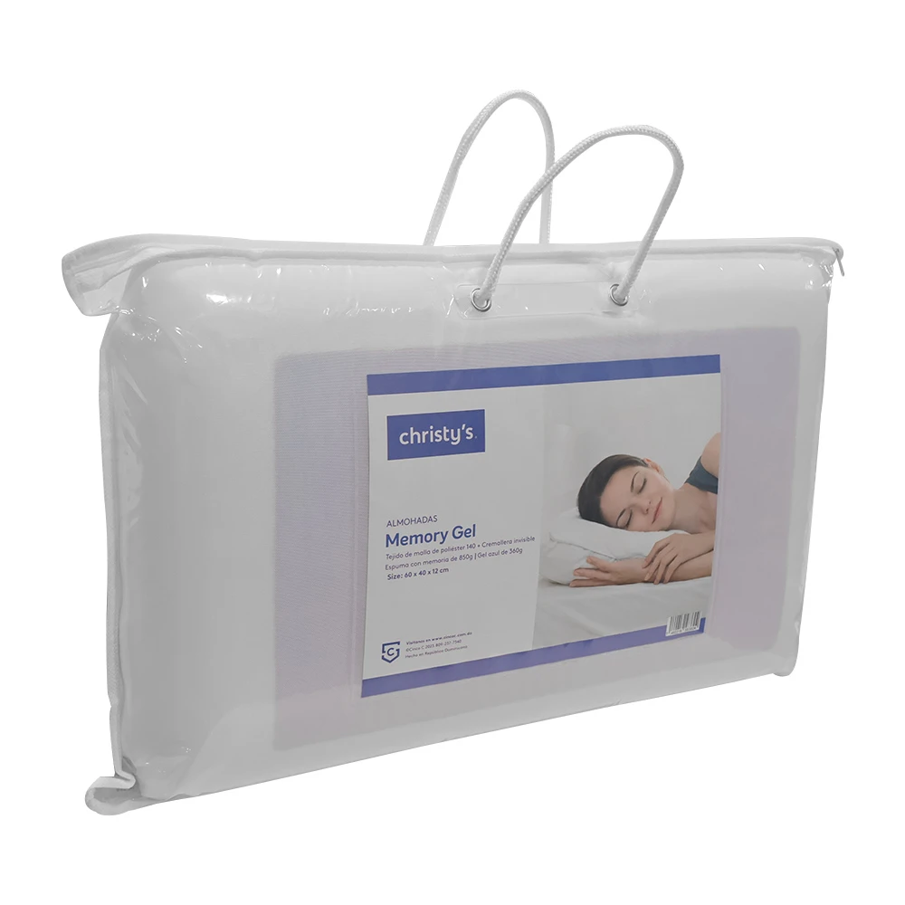  Comfortable CHRISTY’S Memory Gel pillow in a luxury carry bag with handles, including a label with sleep comfort illustration