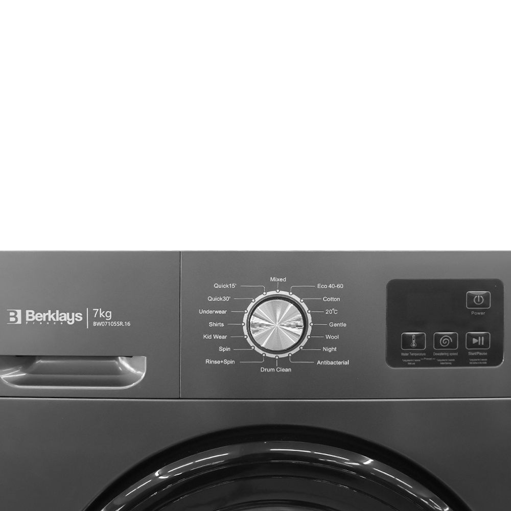 A close-up view of the control panel on the dark grey Berklays 7kg frontload washing machine, showing the cycle selection dial and LED display.