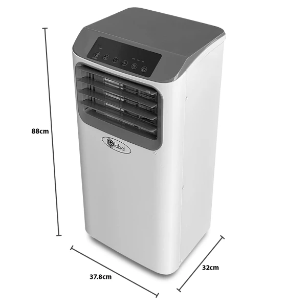 Portable air conditioner with dimensions.