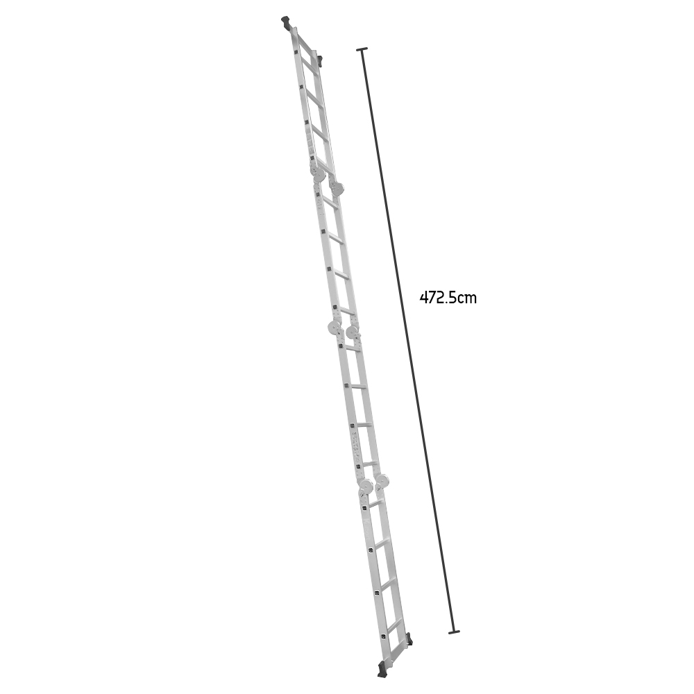 A silver multi-position aluminum folding ladder fully extended as an extension ladder, with a measurement of 472.5 cm indicated alongside it.