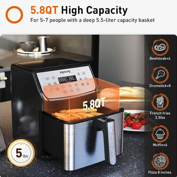 JOYOUNG 13IN1 5.8 QT DIGITAL AIR FRYER OVEN W/120° VISIBLE WINDOW GREY/BLACK | KL55-VF590U - Image 