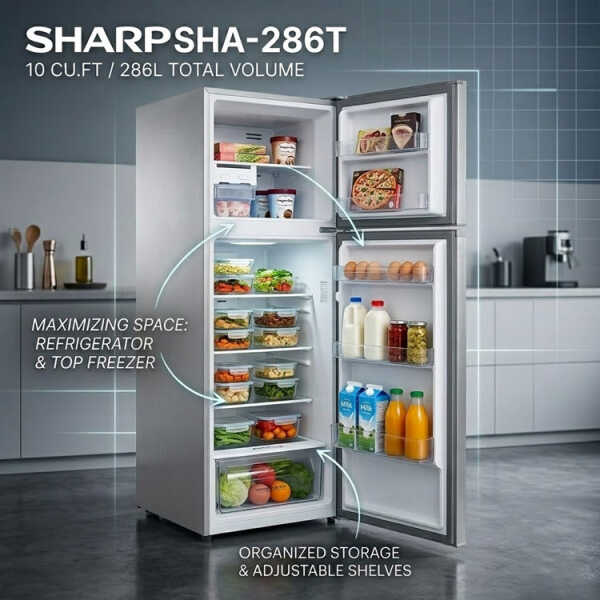 SHARP 10 CU.FT/286L STAINLESS STEEL REFRIGERATOR W/FREEZER ON TOP 110V-120V | SHA-286T - Image 