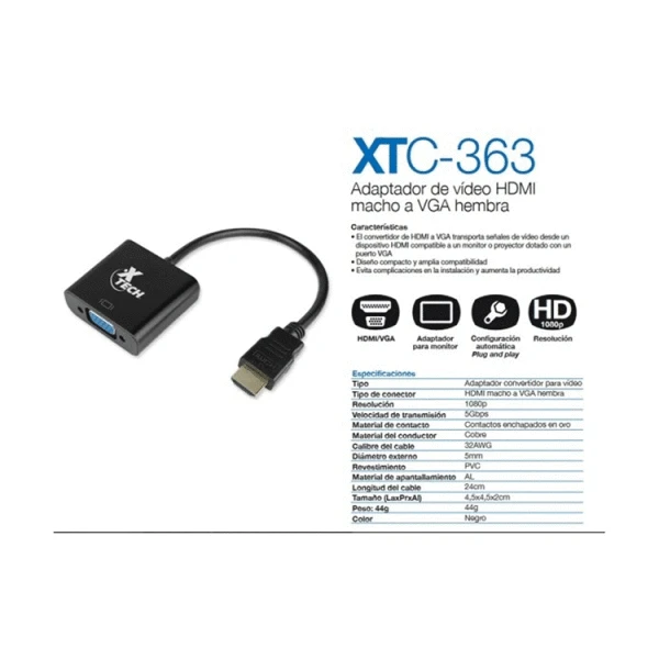 XTECH HDMI MALE TO VGA FEMALE VIDEO ADAPTER | XTC-363 - Image 