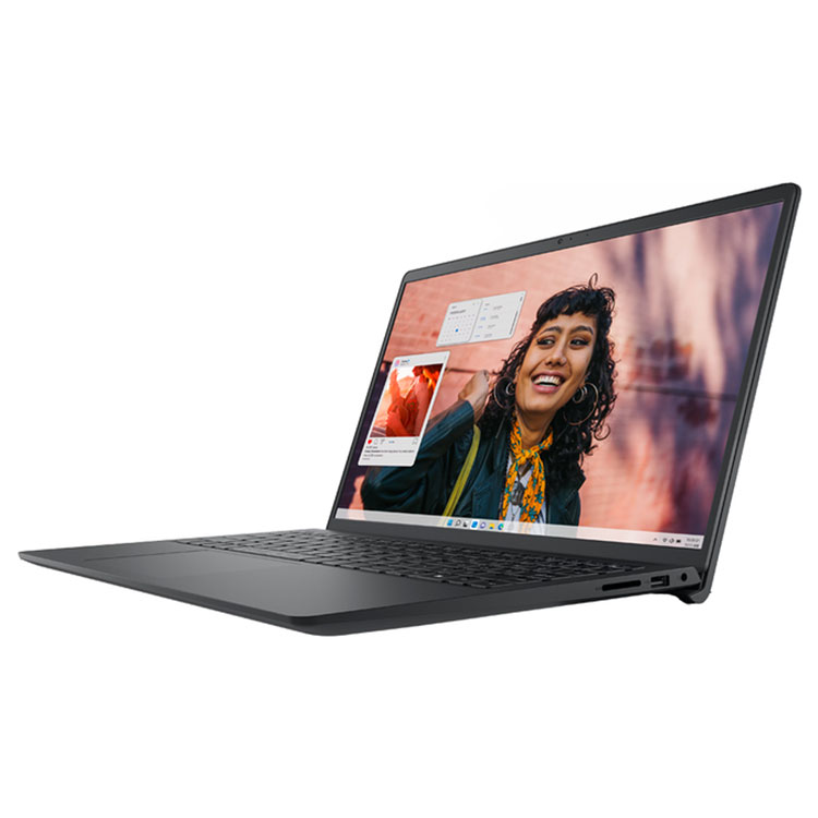 A Dell Inspiron laptop shown from a low angle, with the screen open displaying a person smiling and other on-screen elements.