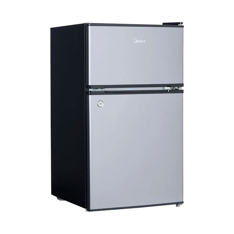 A front-facing product shot of the Midea 3.4 CFT Mini Refrigerator in a silver finish, with its two doors closed.