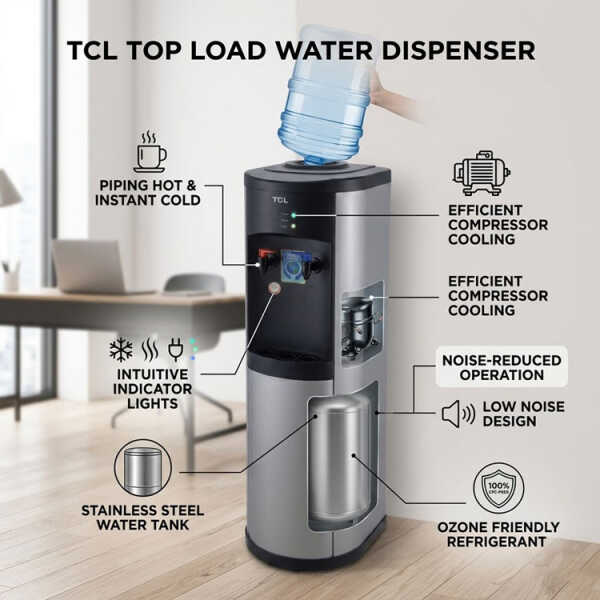 TCL STAINLESS STEEL TOP LOAD WATER DISPENSER 110V-120V GREY+BLACK | TY-LYR15STD - Image 