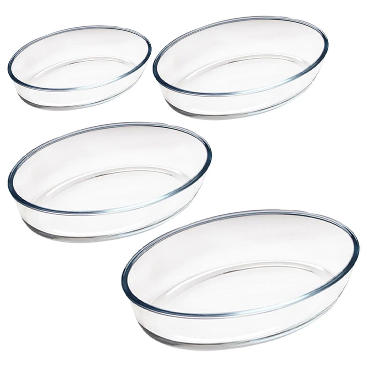 Various sizes of oval glass bakeware displayed.