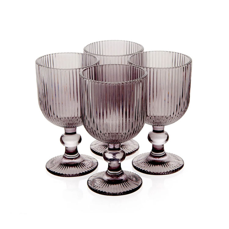 Four-piece smoky gray ribbed wine glass set.