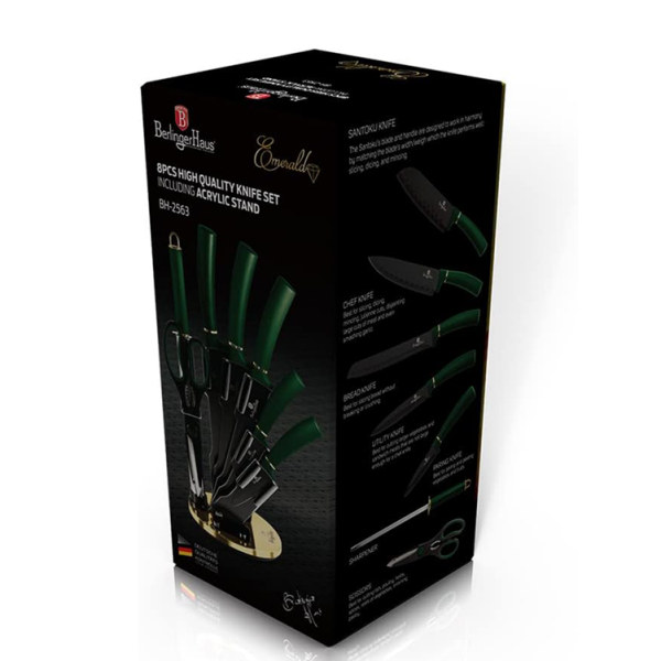 BERLINGER HAUS 8PCS KNIFE SET W/ACRYLIC STAND EMERGENCY METER IN POSITION BLACK GREEN | BH-2563 - Image 