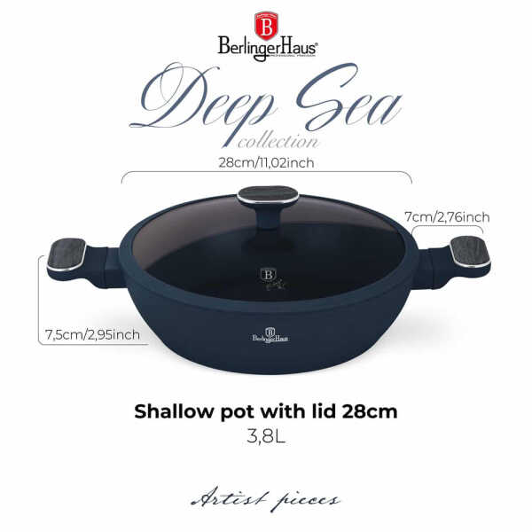 BERLINGER HAUS SHALLOW POT WITH LID 28CM DEEP SEA | BH-8375 - Image 