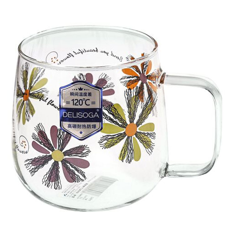 Delisoga glass mug with colorful flower pattern.