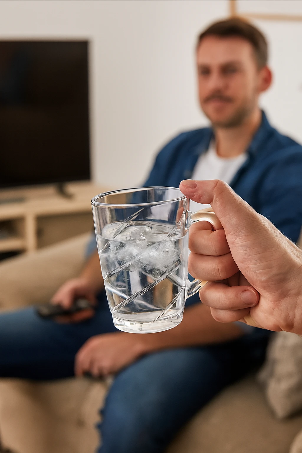 Glass mug with water and ice