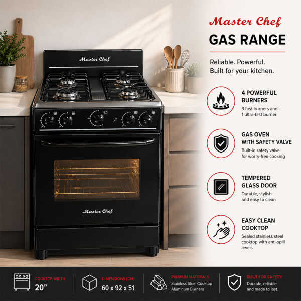 MASTERCHEF 20" 4-BURNERS GASRANGE, BLACK | MC-AT101-5N - Image 
