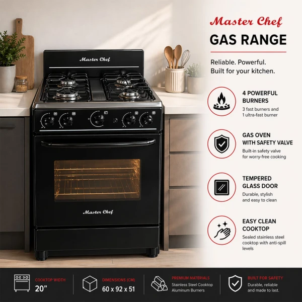 MASTERCHEF 20" 4-BURNERS GASRANGE, BLACK | MC-AT101-5N - Image 