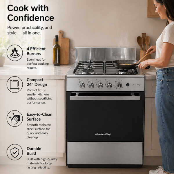 MASTERCHEF 4-BURNER GASRANGE 24", REFLECTIVE GLASS | MC-AT202-4PL - Image 