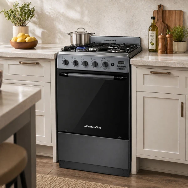 MASTERCHEF 20" 4-BURNERS GAS RANGE, REFLECTIVE GLASS | MC-AT203-5GTTCSS - Image 