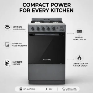 MASTERCHEF 20" 4-BURNERS GAS RANGE, REFLECTIVE GLASS | MC-AT203-5GTTCSS - Image 