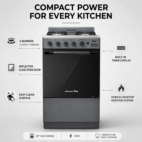MASTERCHEF 20" 4-BURNERS GAS RANGE, REFLECTIVE GLASS | MC-AT203-5GTTCSS - Image 