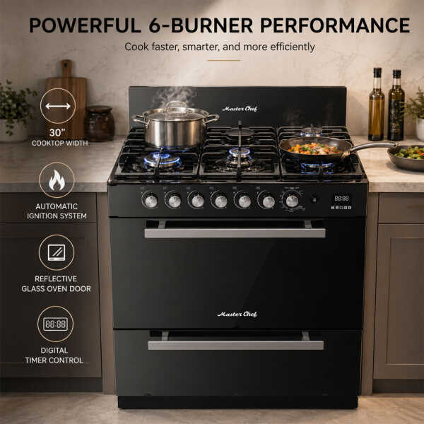MASTERCHEF 30" 6-BURNERS REFLECTIVE GLASS GAS RANGE  | MC-RG-803-6GTTC - Image 