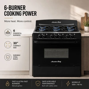MASTERCHEF 30" 6-BURNER GAS RANGE BLACK | MC-RG701-3N - Image 
