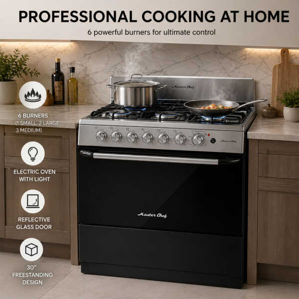 MASTERCHEF 30" 6-BURNERS GAS RANGE REFLECTIVE GLASS | MC-RT803-5GTTC - Image 