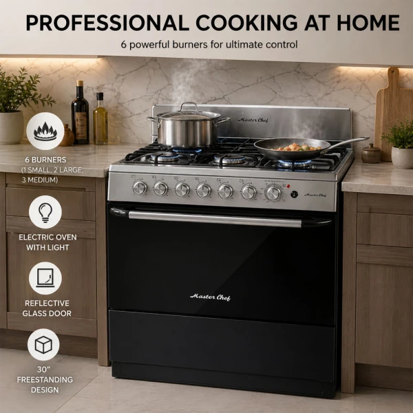 MASTERCHEF 30" 6-BURNERS GAS RANGE REFLECTIVE GLASS | MC-RT803-5GTTC - Image 
