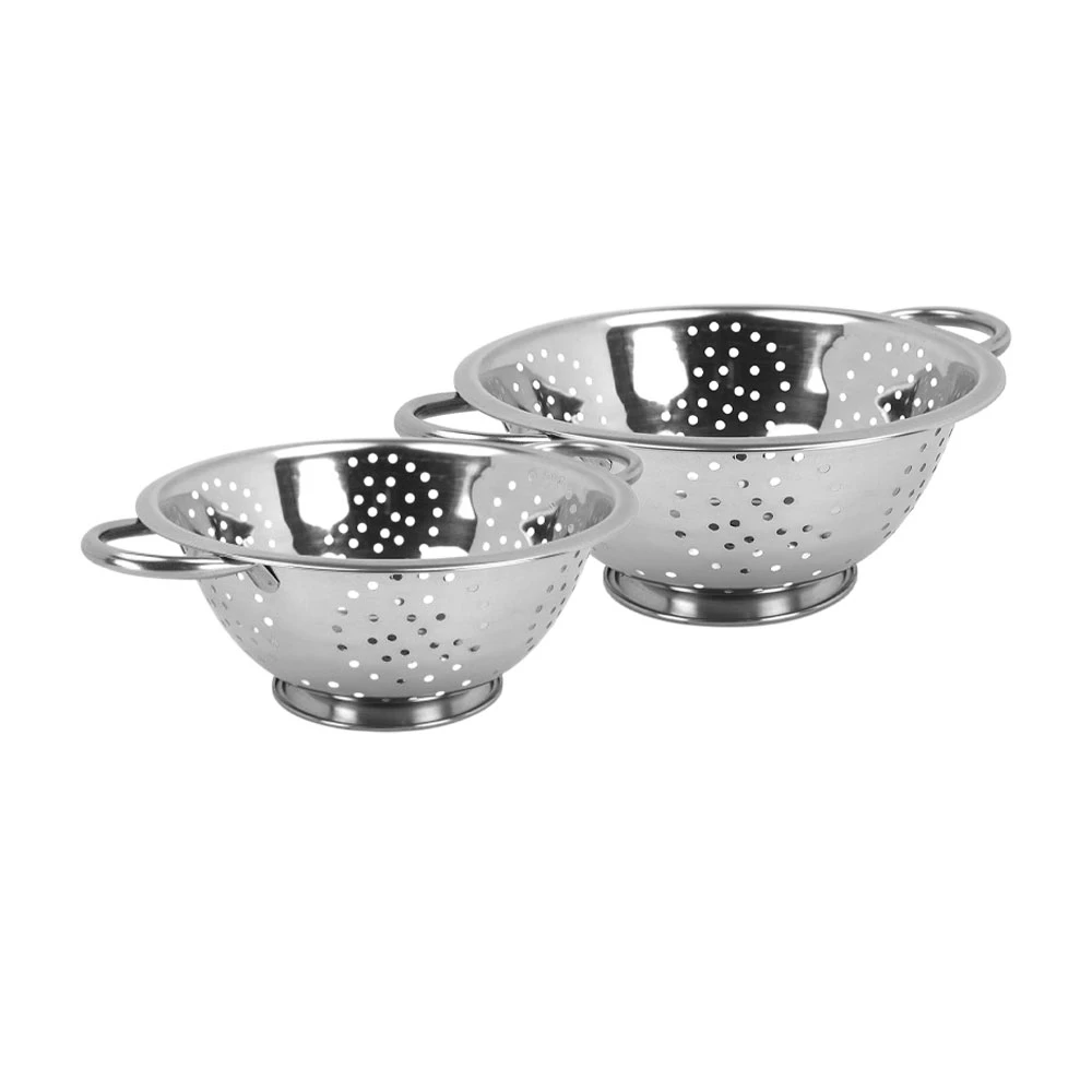 "Two stainless steel colanders with handles and perforated hole pattern