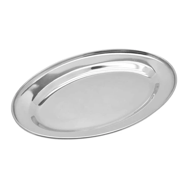Oval silver-colored serving tray for snacks and dishes