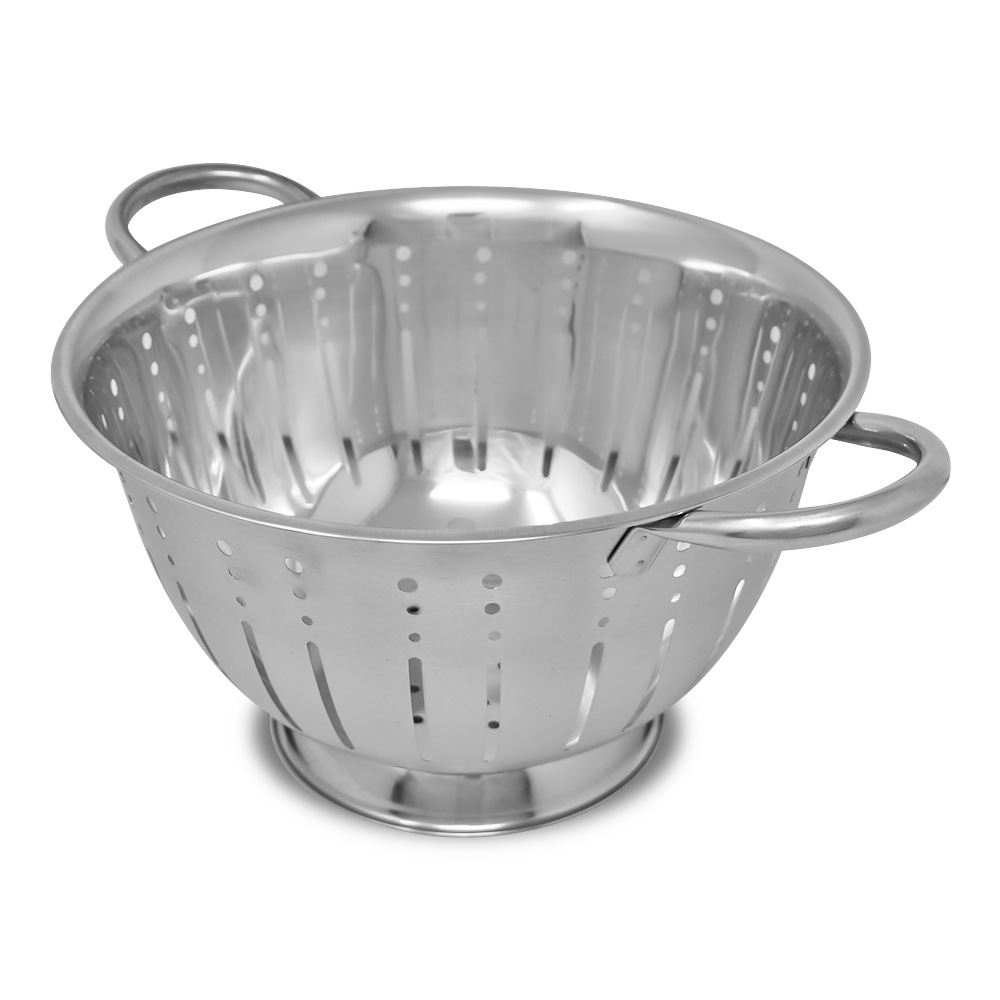 Silver stainless steel colander with handles.