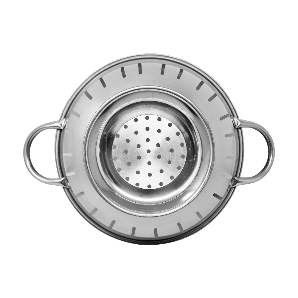Stainless steel colander for kitchen tasks.