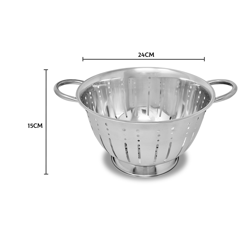 Stainless steel colander with 24cm diameter and 15cm height.