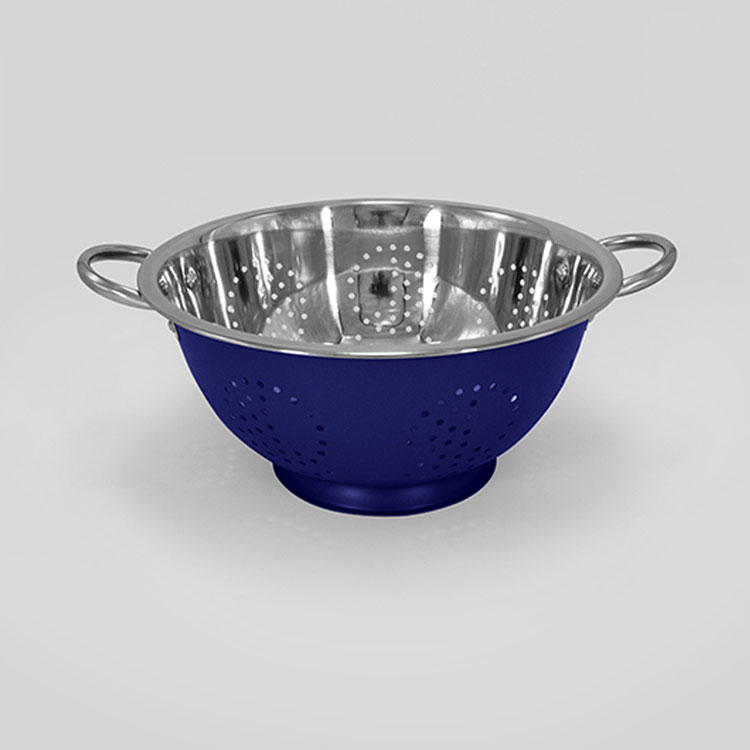Blue stainless steel colander with handles.
