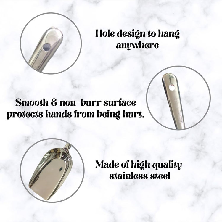 Close-up of a stainless steel scoop's features.