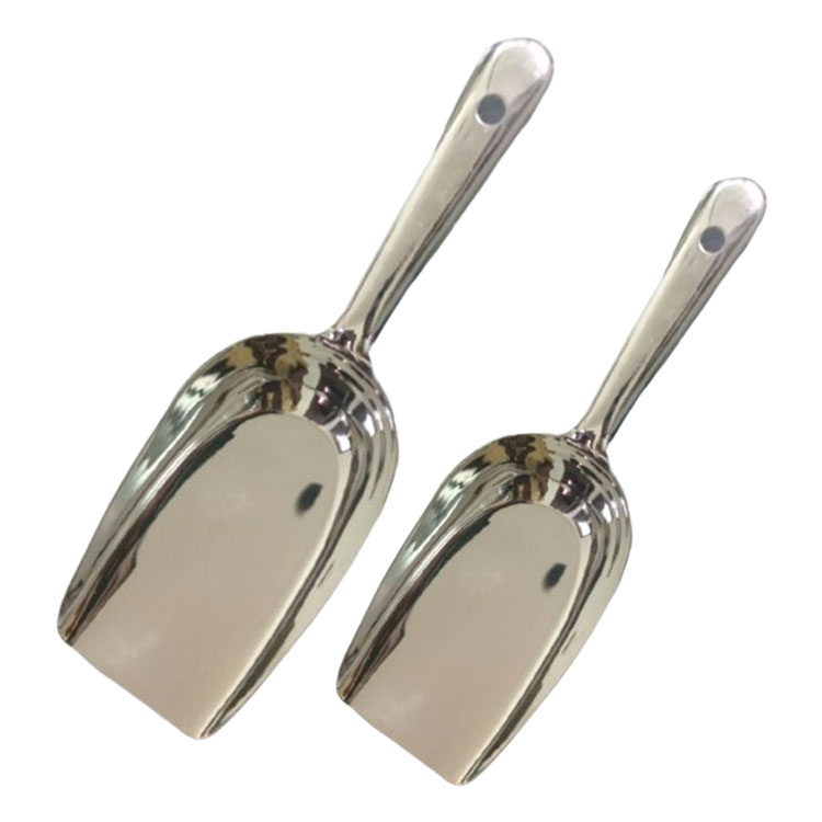 Two shiny stainless steel scoops, different sizes.