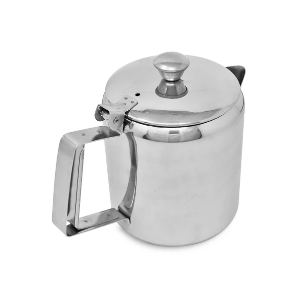 Polished stainless steel teapot with hinged lid.