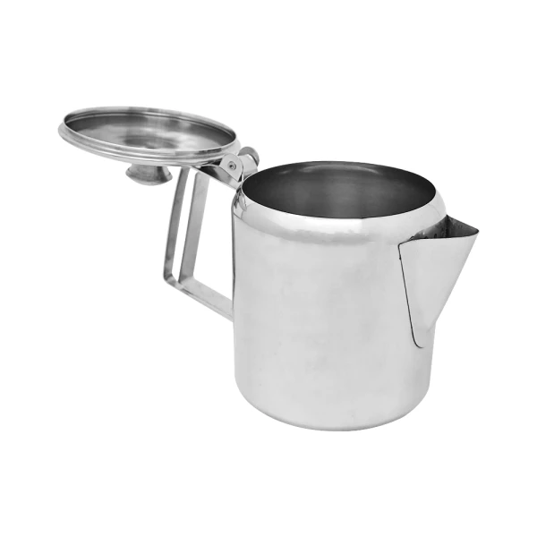 Open stainless steel teapot with hinged lid.