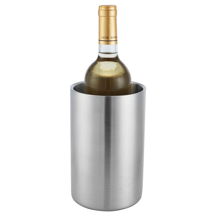 Stainless steel wine chiller with bottle inside.