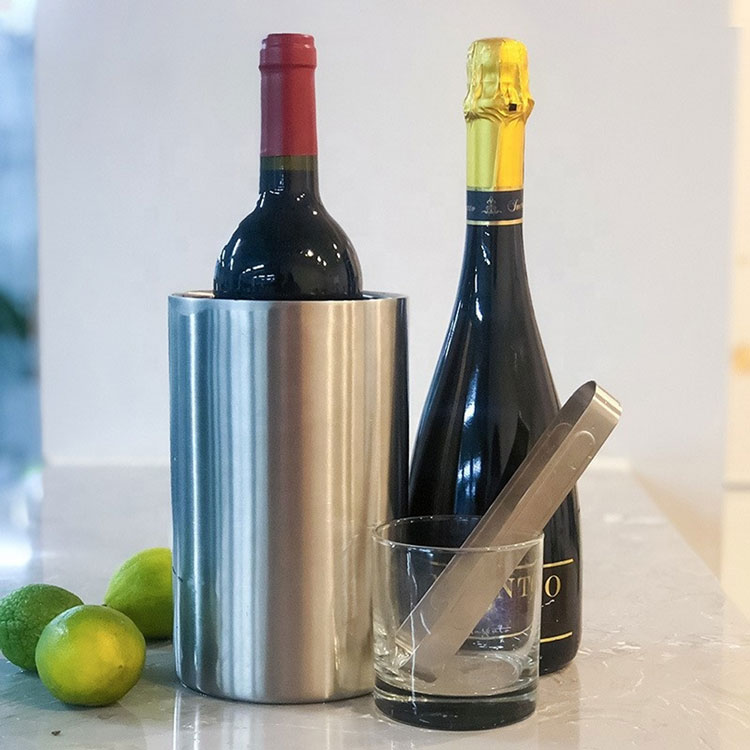 Stainless steel wine cooler with red wine.