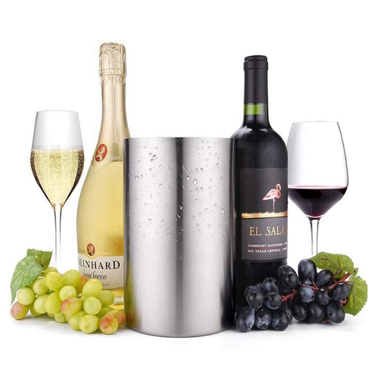 Stainless steel wine cooler with drinks.