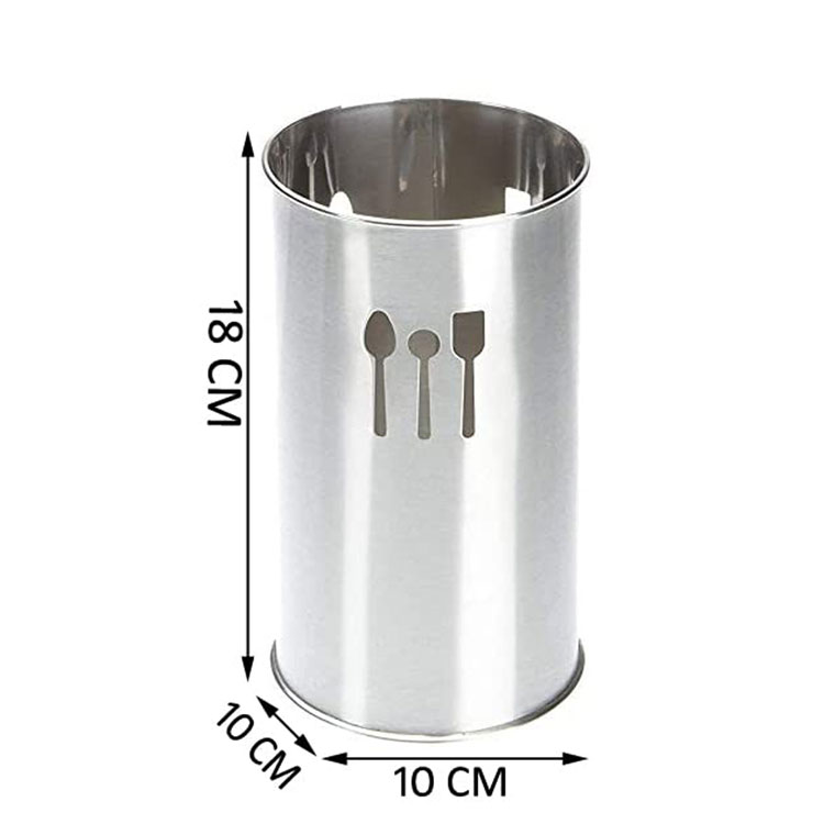 Stainless steel utensil holder with dimensions shown.