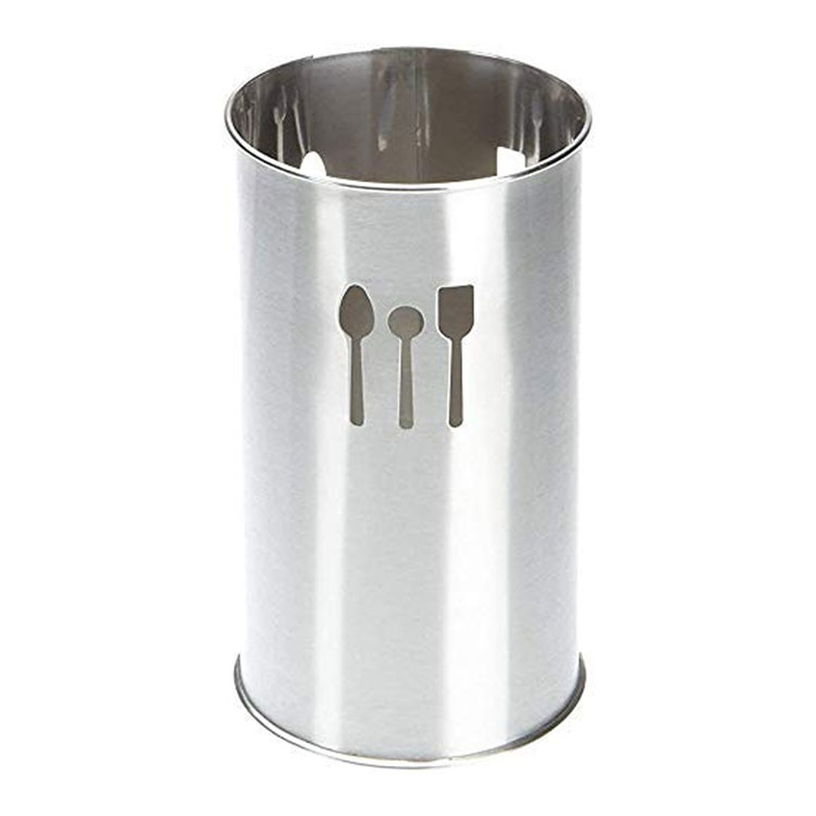 Empty stainless steel utensil holder with cutouts.