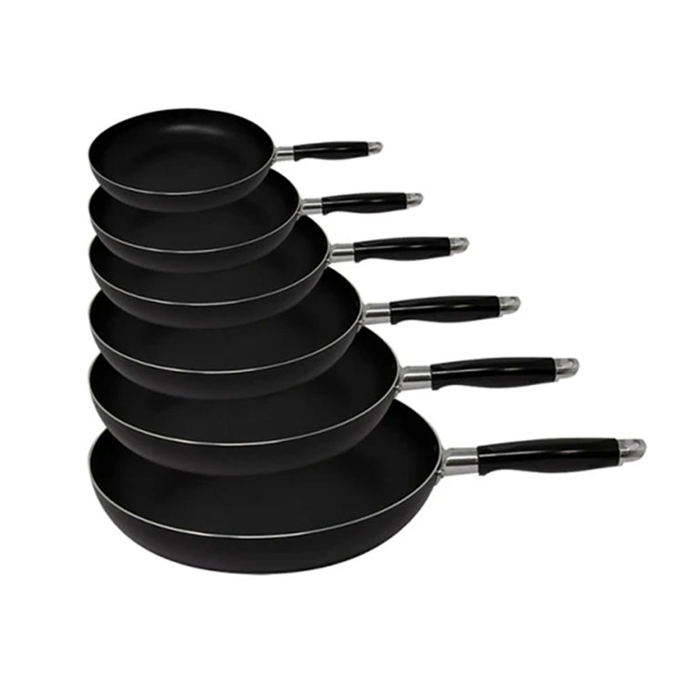 Stack of black Emerald non-stick frypans, various sizes.