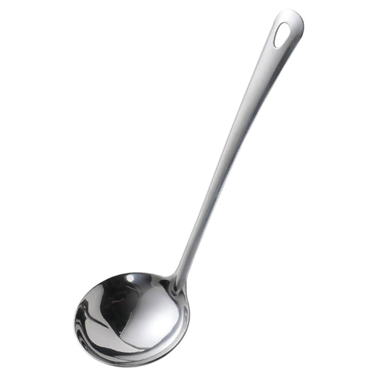 Polished steel ladle for kitchen use.