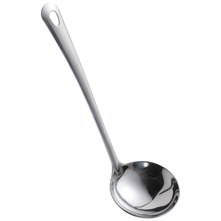 Shiny stainless steel ladle with hanging loop.